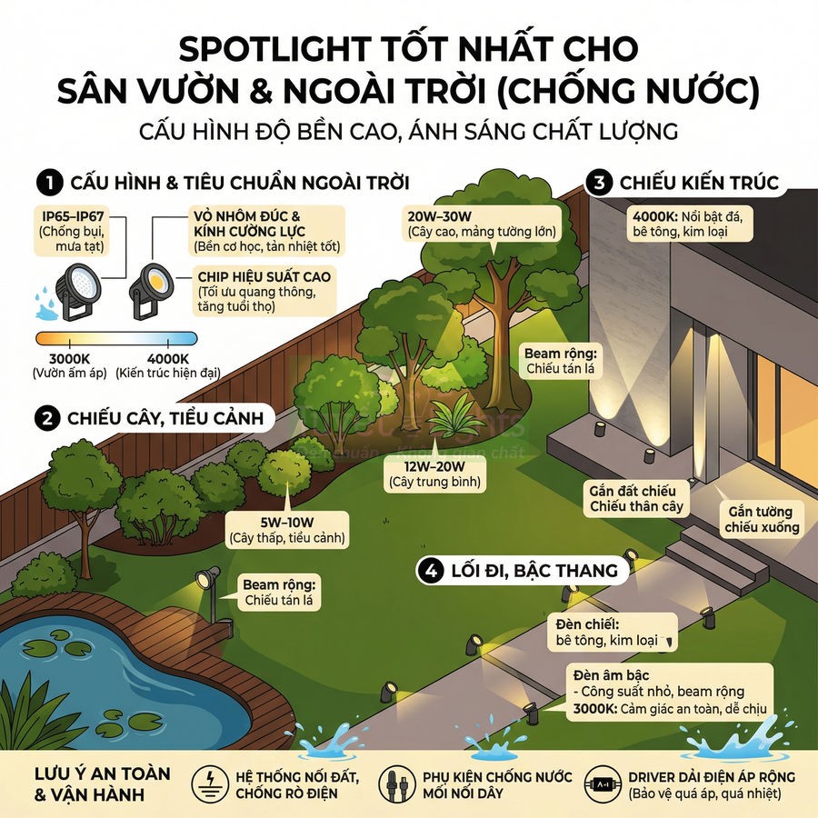 Đèn spotlight chiếu sáng sân vườn ngoài trời chống nước cho cây cối, lối đi và mặt tiền nhà