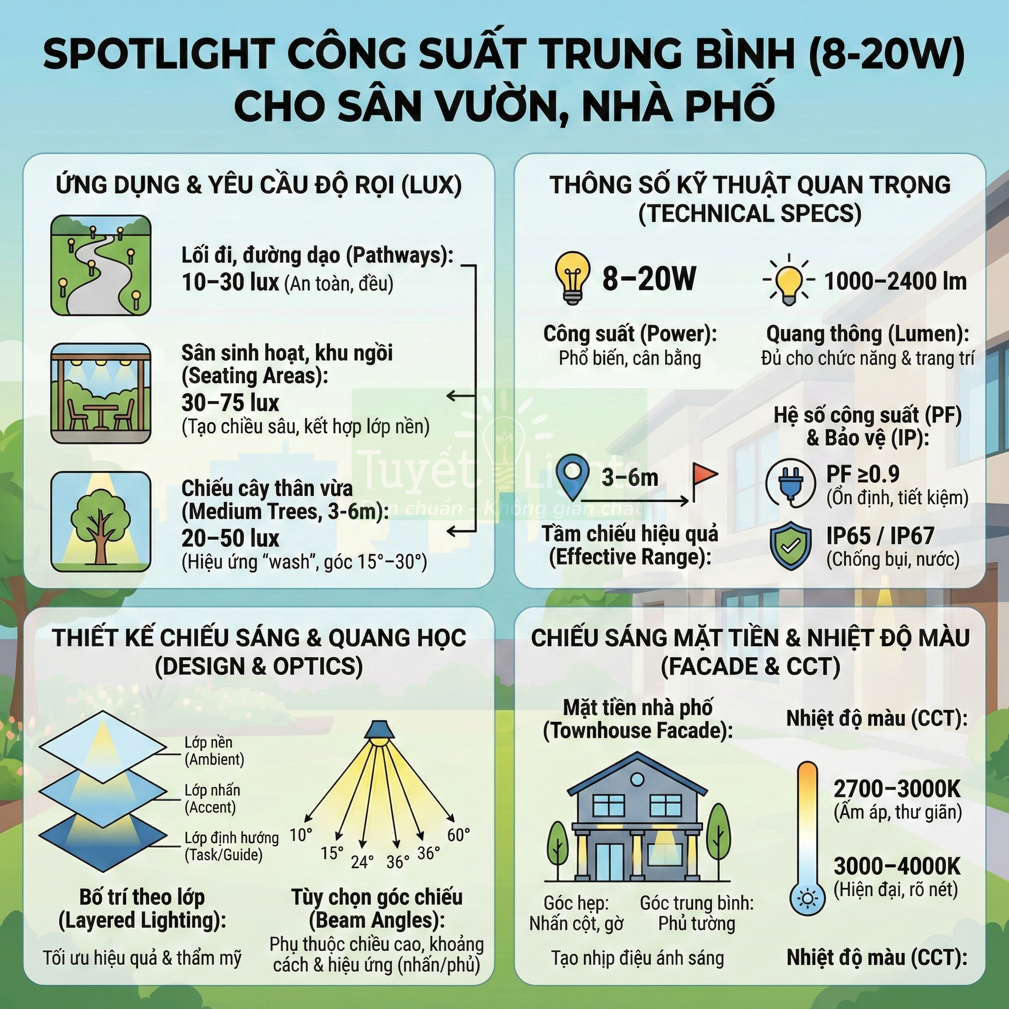 Infographic hướng dẫn chọn spotlight công suất 8 20W chiếu sáng sân vườn và mặt tiền nhà phố