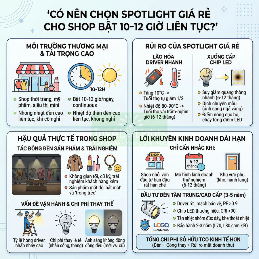 Infographic tư vấn chọn đèn spotlight cho shop mở 10 12 giờ liên tục, so sánh rủi ro đèn giá rẻ và lợi ích đèn cao cấp