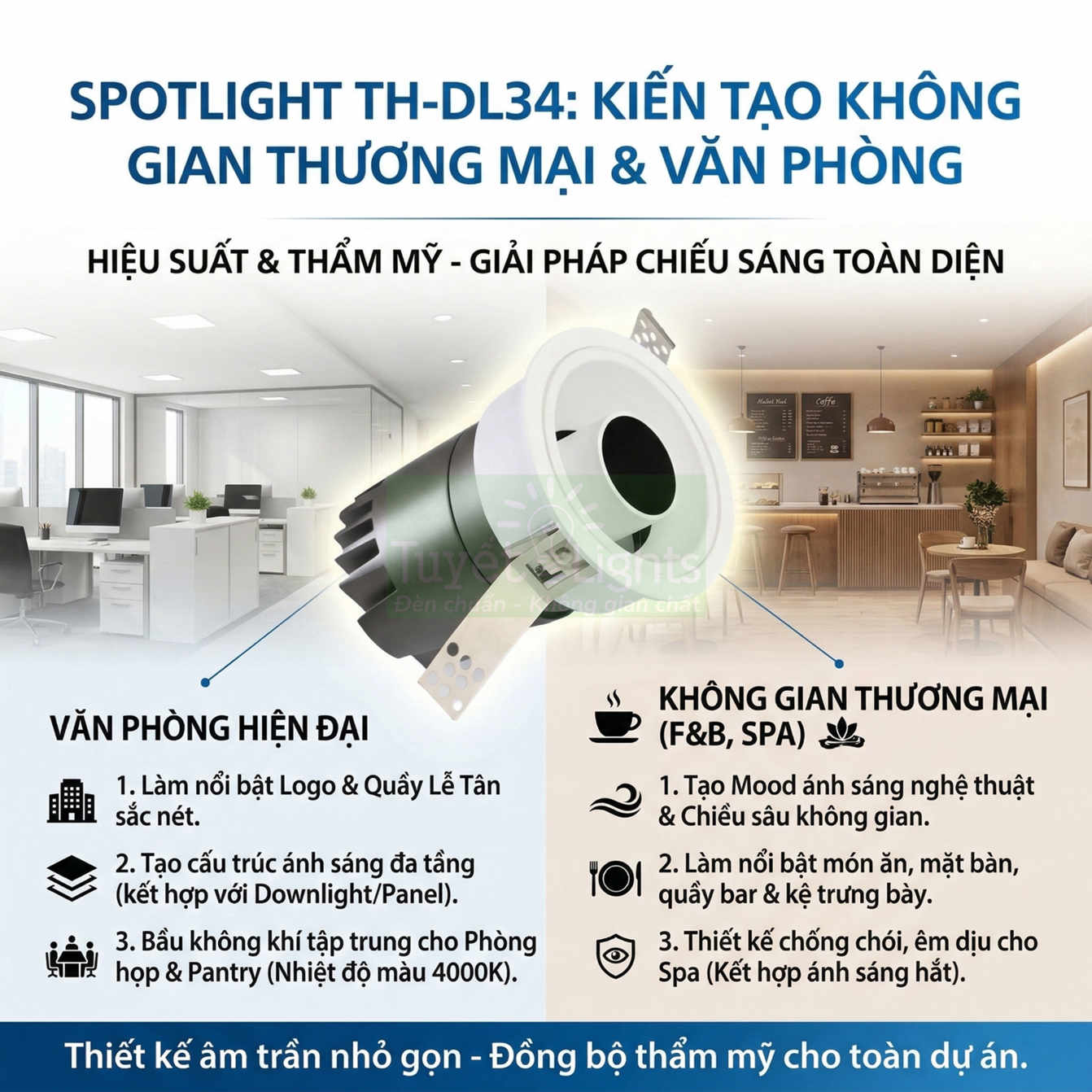 Đèn spotlight âm trần TH DL34 chiếu sáng văn phòng hiện đại và không gian thương mại spa, quán cà phê