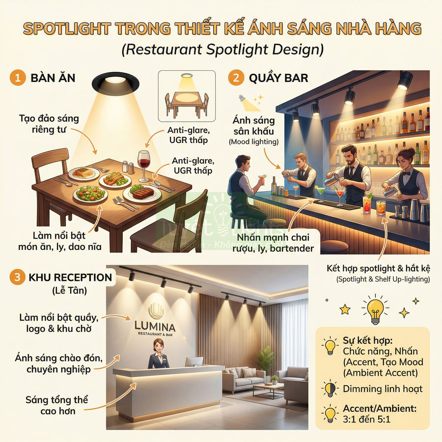Thiết kế ánh sáng spotlight cho nhà hàng với bàn ăn, quầy bar và khu lễ tân hiện đại
