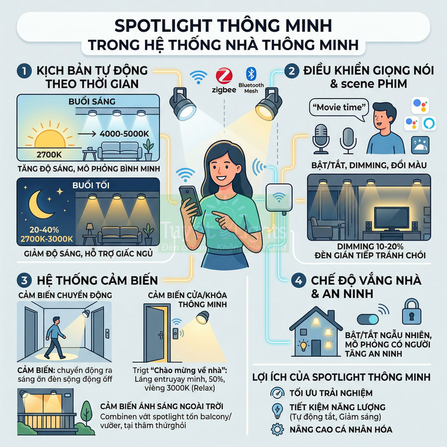 Spotlight thông minh trong hệ thống nhà thông minh điều khiển bằng điện thoại, giọng nói và cảm biến