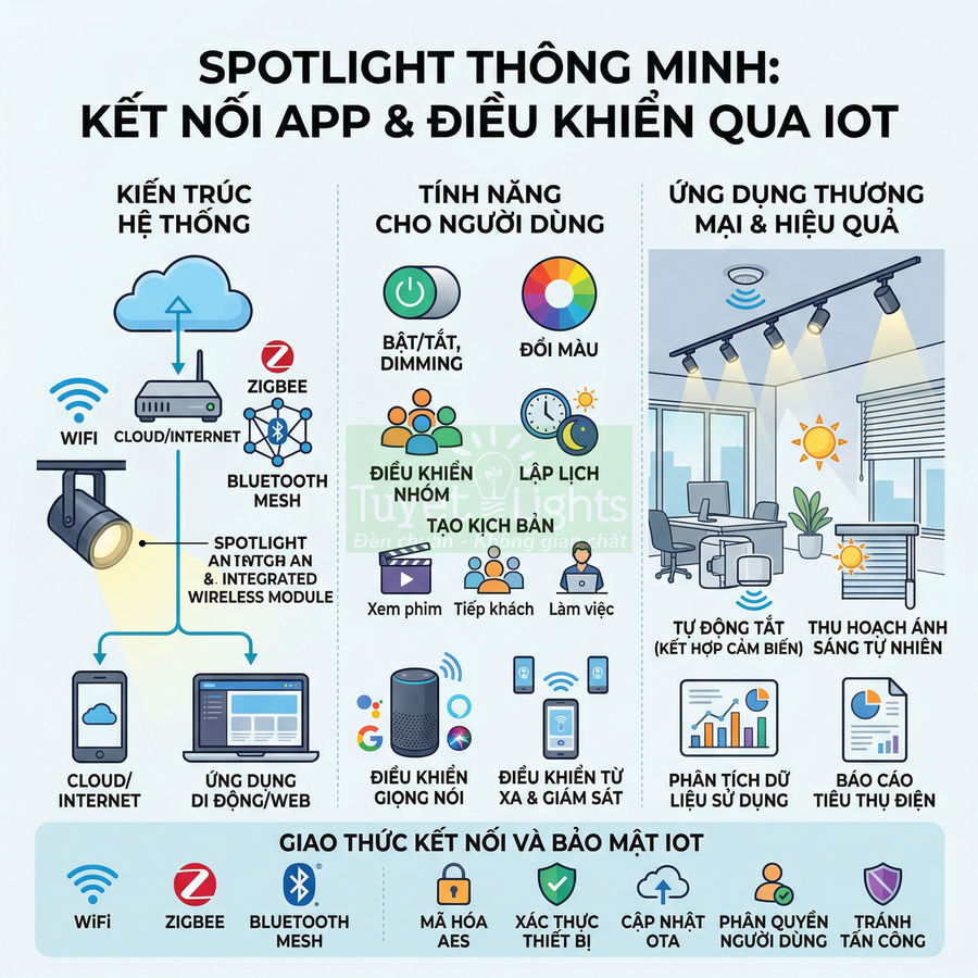 Spotlight thông minh kết nối WiFi điều khiển qua app và IoT cho chiếu sáng, hẹn giờ, đổi màu và phân tích tiêu thụ điện