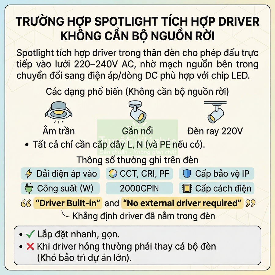Thông tin về đèn spotlight LED tích hợp driver không cần bộ nguồn rời, các dạng âm trần gắn nổi đèn ray 220V