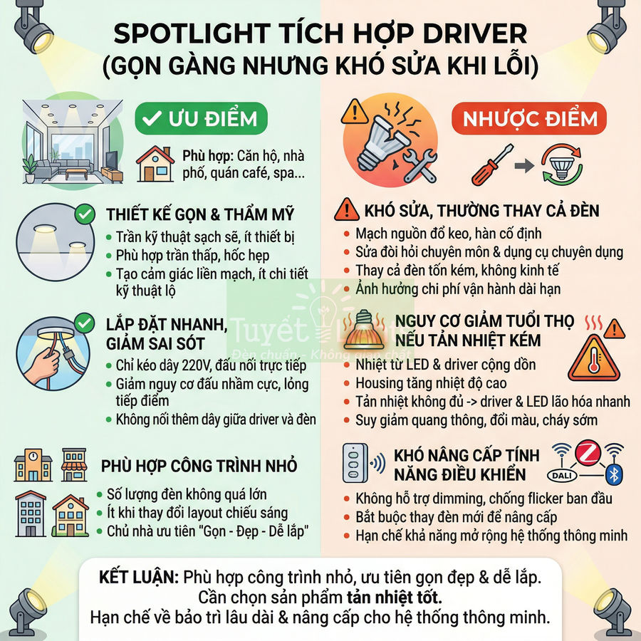 Ưu nhược điểm spotlight tích hợp driver cho trần nhà, phù hợp căn hộ và công trình nhỏ, lưu ý khó sửa chữa khi hỏng