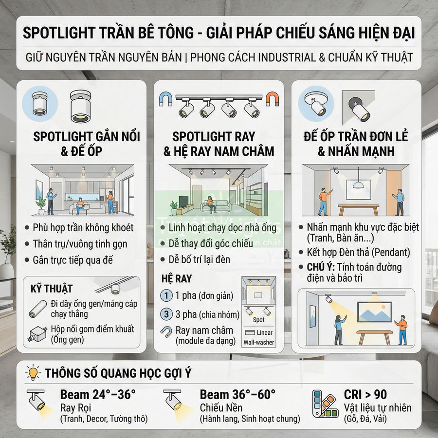 Giải pháp spotlight trần bê tông hiện đại với các loại đèn ray, đèn gắn nổi và đế ốp nhấn mạnh không gian nội thất