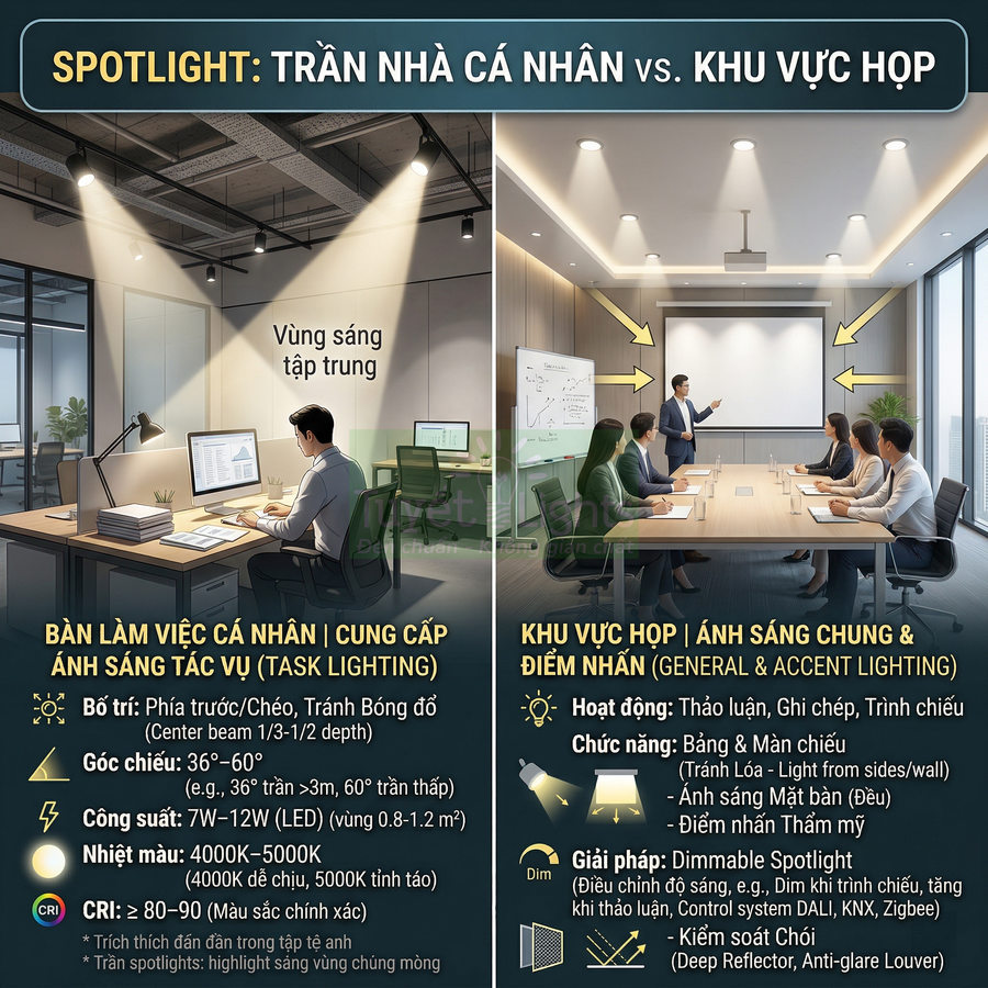 So sánh chiếu sáng spotlight cho bàn làm việc cá nhân và phòng họp trong văn phòng hiện đại
