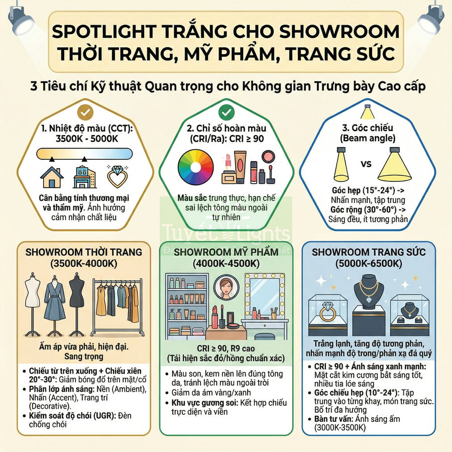 Infographic hướng dẫn chọn đèn spotlight trắng cho showroom thời trang mỹ phẩm trang sức với các thông số CCT CRI và góc chiếu