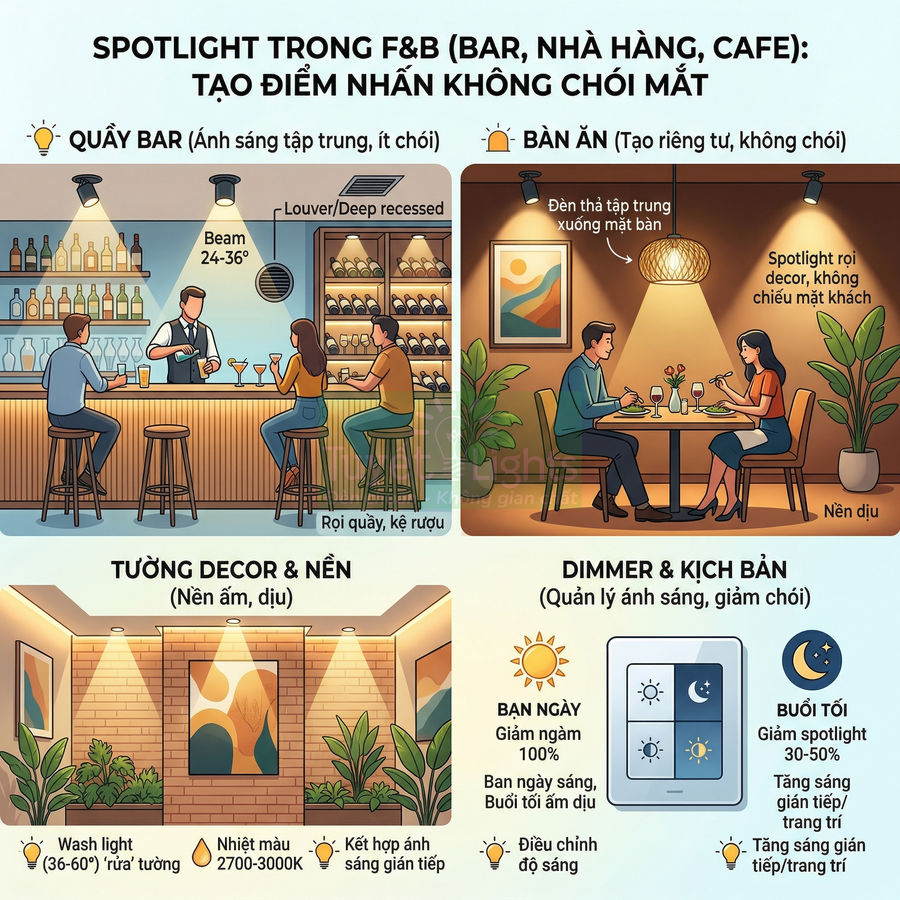 Minh họa cách bố trí đèn spotlight và dimmer cho quầy bar, bàn ăn, tường decor trong nhà hàng quán cafe