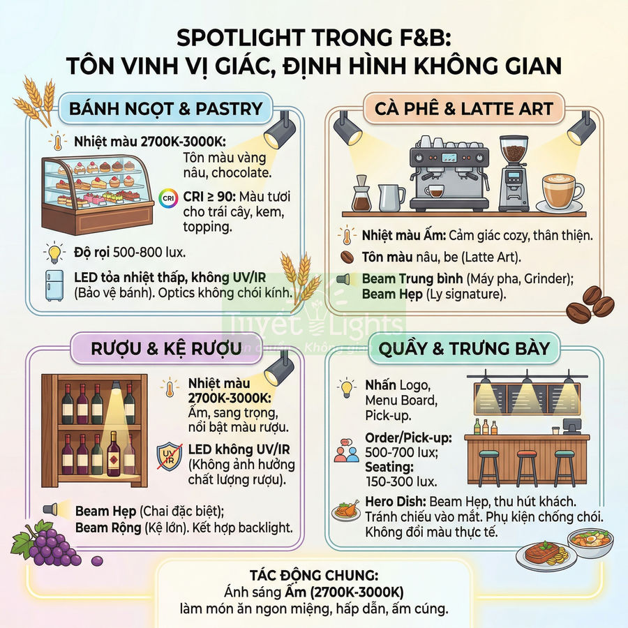 Infographic spotlight đèn LED cho F&B, hướng dẫn chiếu sáng bánh ngọt, cà phê, rượu và quầy trưng bày