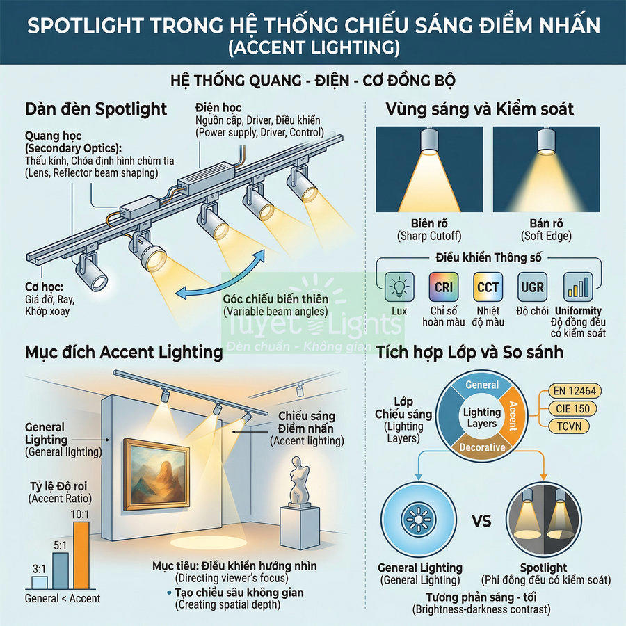 Infographic hệ thống đèn spotlight chiếu sáng điểm nhấn cho tranh và tượng trong không gian trưng bày
