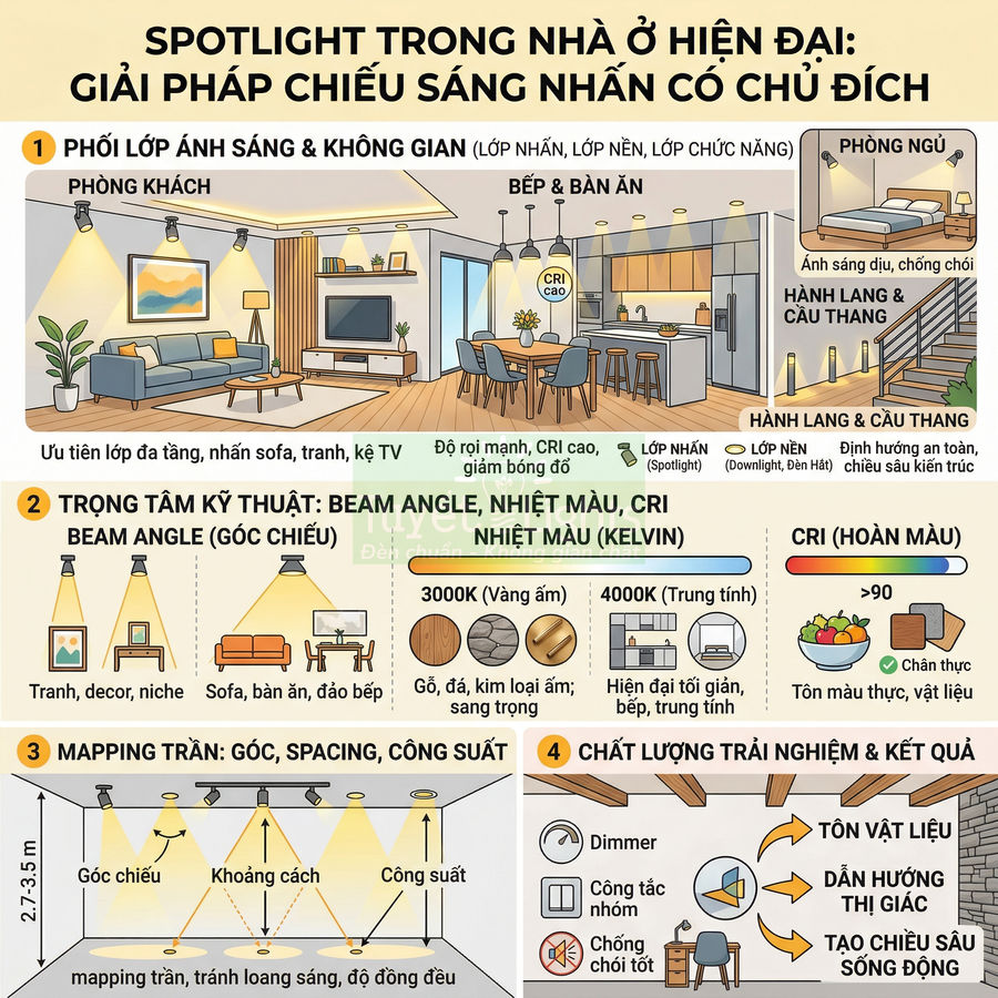 Hướng dẫn bố trí đèn spotlight trong nhà hiện đại cho phòng khách, bếp, phòng ngủ và hành lang