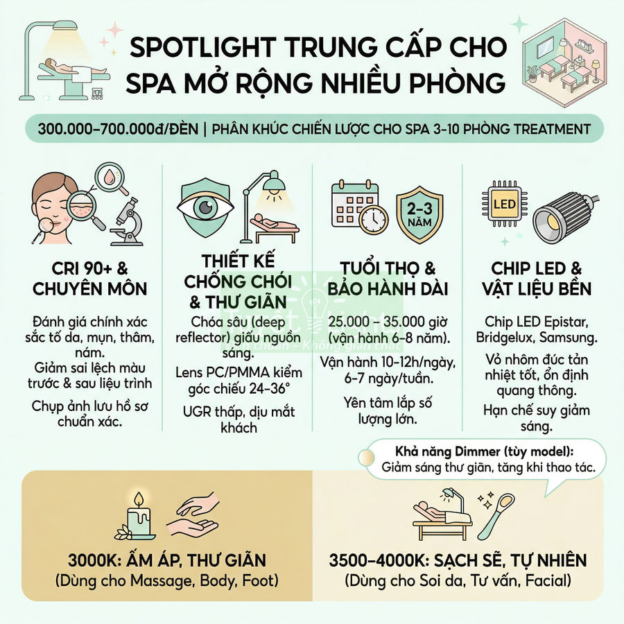 Infographic giới thiệu spotlight LED trung cấp cho spa nhiều phòng, nêu ưu điểm CRI cao, chống chói, bền và dải nhiệt màu phù hợp spa