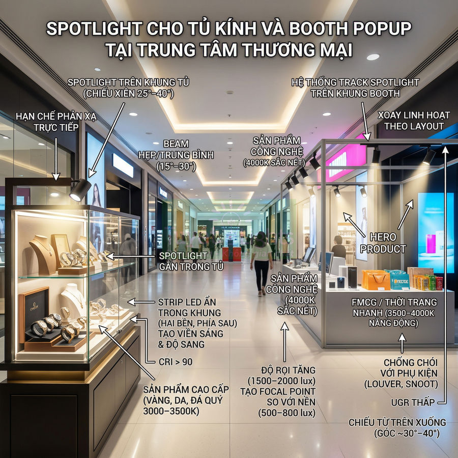 Hệ thống đèn spotlight cho tủ kính trưng bày đồng hồ và booth sản phẩm trong trung tâm thương mại