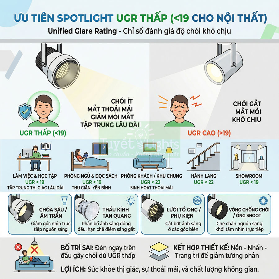 Infographic so sánh đèn spotlight UGR thấp và cao, nêu lợi ích giảm chói, bảo vệ mắt và gợi ý ứng dụng nội thất