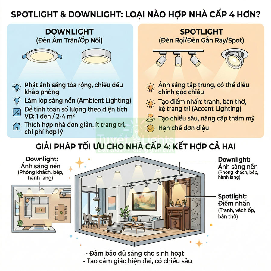 So sánh ưu điểm đèn downlight âm trần và đèn spotlight rọi ray cho nhà cấp 4, gợi ý cách bố trí chiếu sáng