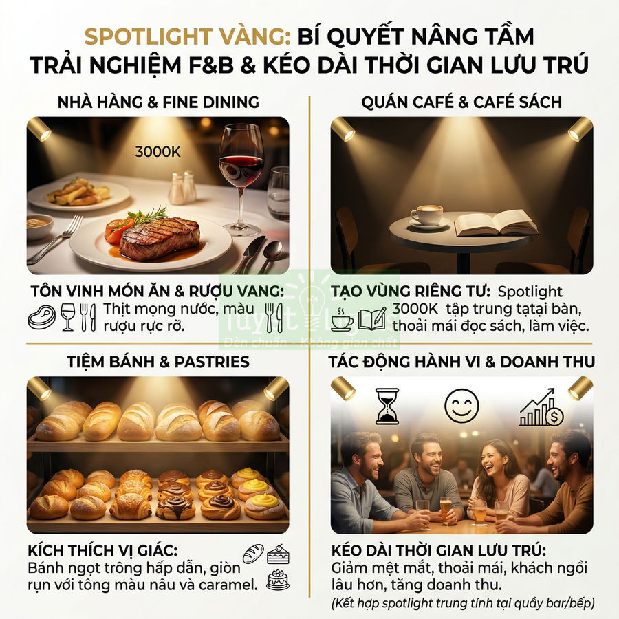 Đèn spotlight vàng 3000K chiếu sáng nhà hàng, quán cà phê và tiệm bánh, làm nổi bật món ăn và tăng trải nghiệm khách hàng