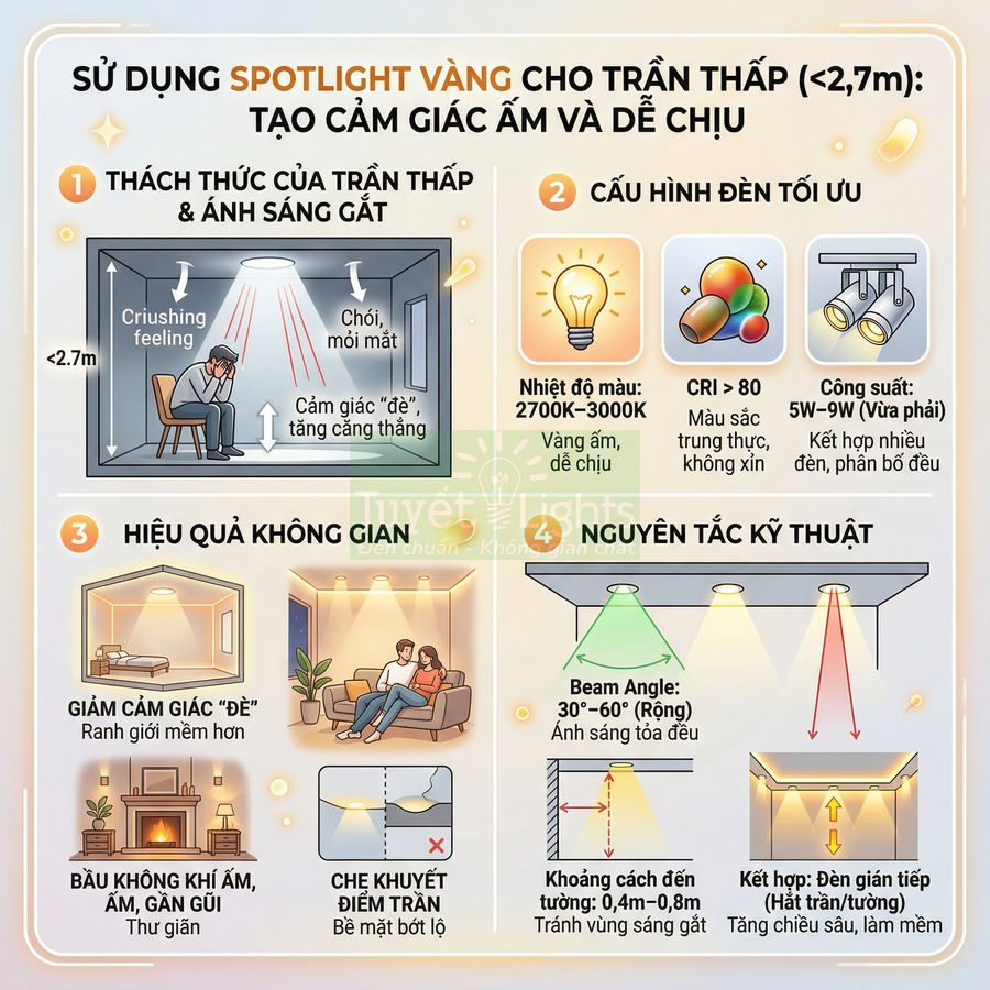 Infographic hướng dẫn dùng đèn spotlight vàng cho trần thấp tạo ánh sáng ấm áp và dễ chịu trong phòng