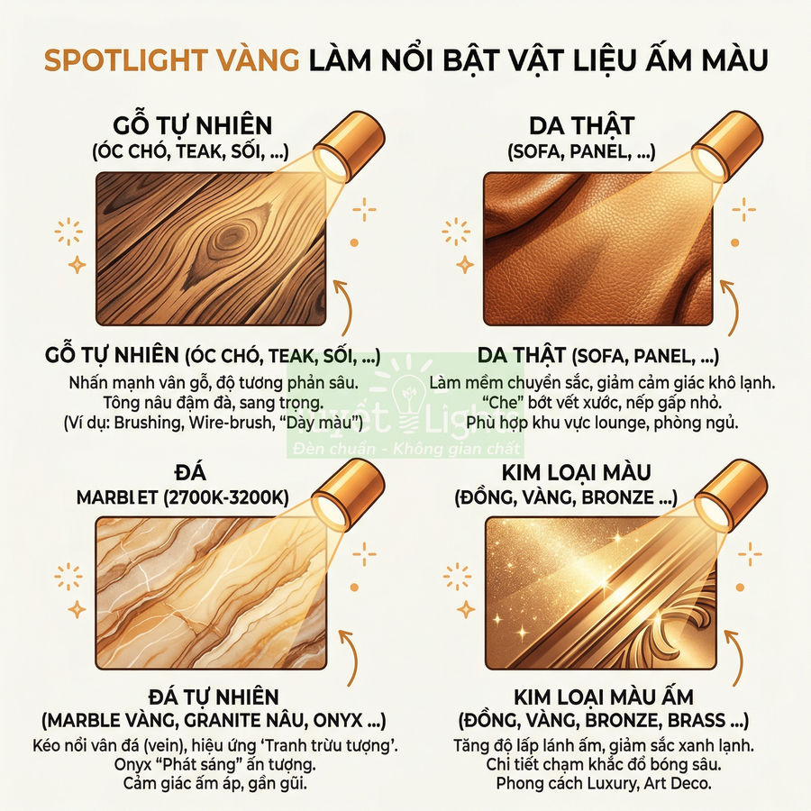 Minh họa spotlight vàng làm nổi bật gỗ tự nhiên, da thật, đá tự nhiên và kim loại màu ấm trong thiết kế nội thất