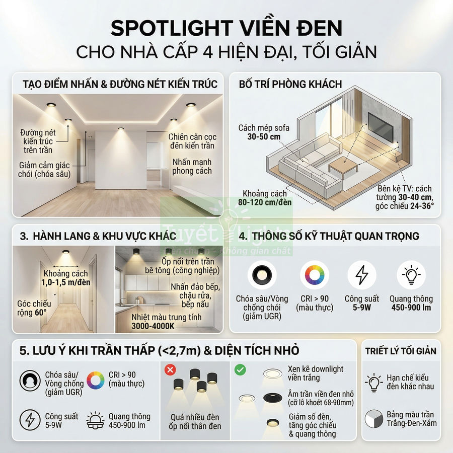 Hướng dẫn bố trí đèn spotlight viền đen cho nhà cấp 4 hiện đại tối giản, kèm thông số kỹ thuật và lưu ý lắp đặt