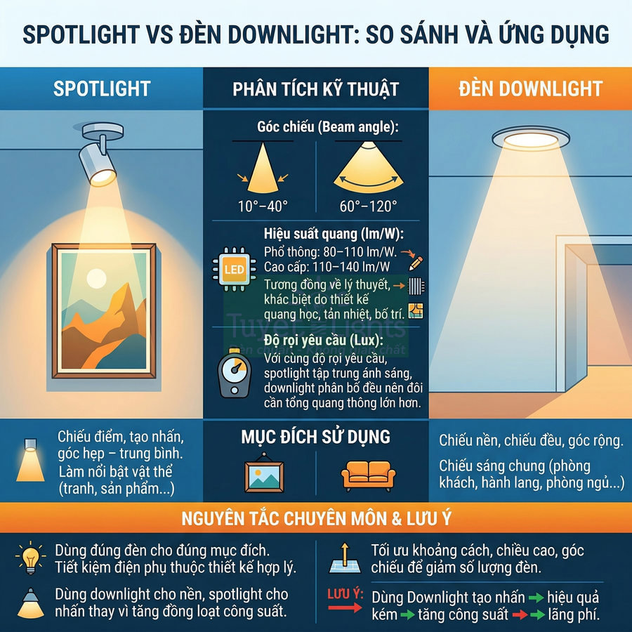 So sánh đèn spotlight và đèn downlight, phân tích góc chiếu, hiệu suất và ứng dụng chiếu sáng trong nhà