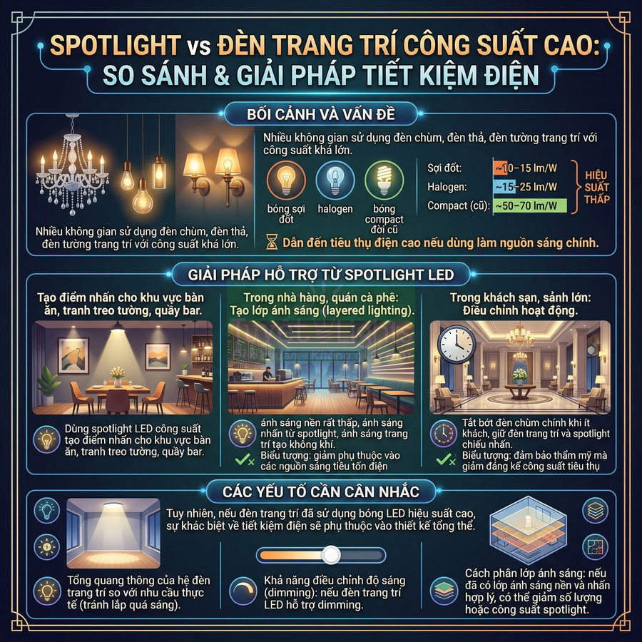 Infographic so sánh spotlight LED với đèn trang trí công suất cao và giải pháp tiết kiệm điện cho không gian nội thất