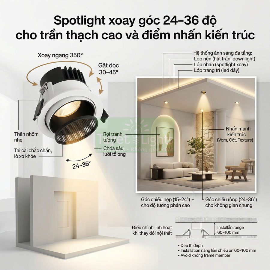 Đèn spotlight xoay góc 24–36 độ lắp trần thạch cao chiếu điểm nhấn kiến trúc phòng khách