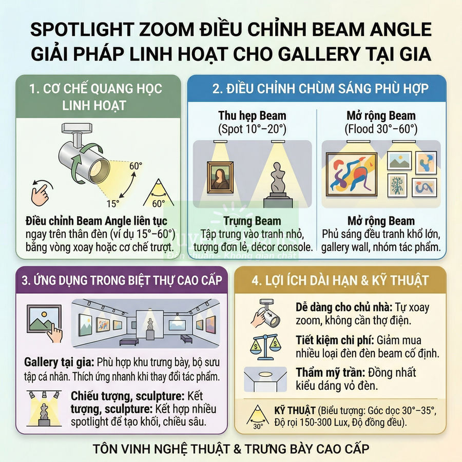 Infographic spotlight zoom điều chỉnh beam angle linh hoạt cho gallery tại gia và ứng dụng chiếu tranh, tượng cao cấp