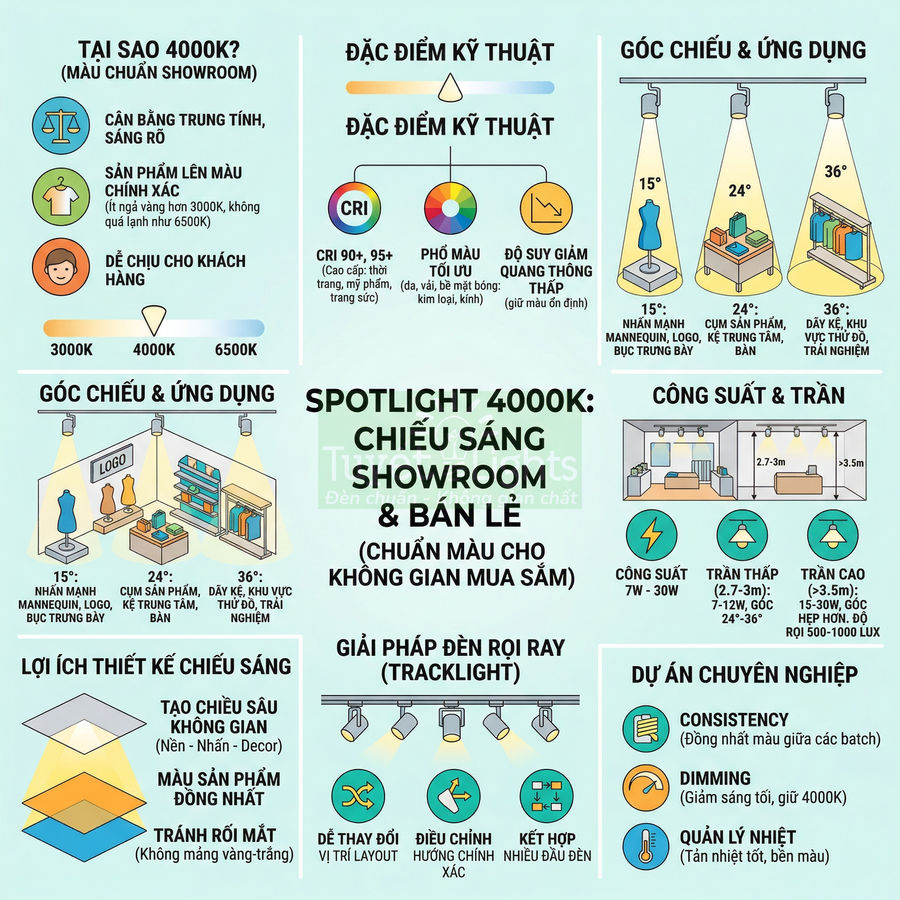 Infographic hướng dẫn chọn đèn spotlight 4000K cho chiếu sáng showroom và bán lẻ, nêu góc chiếu, công suất và ưu điểm