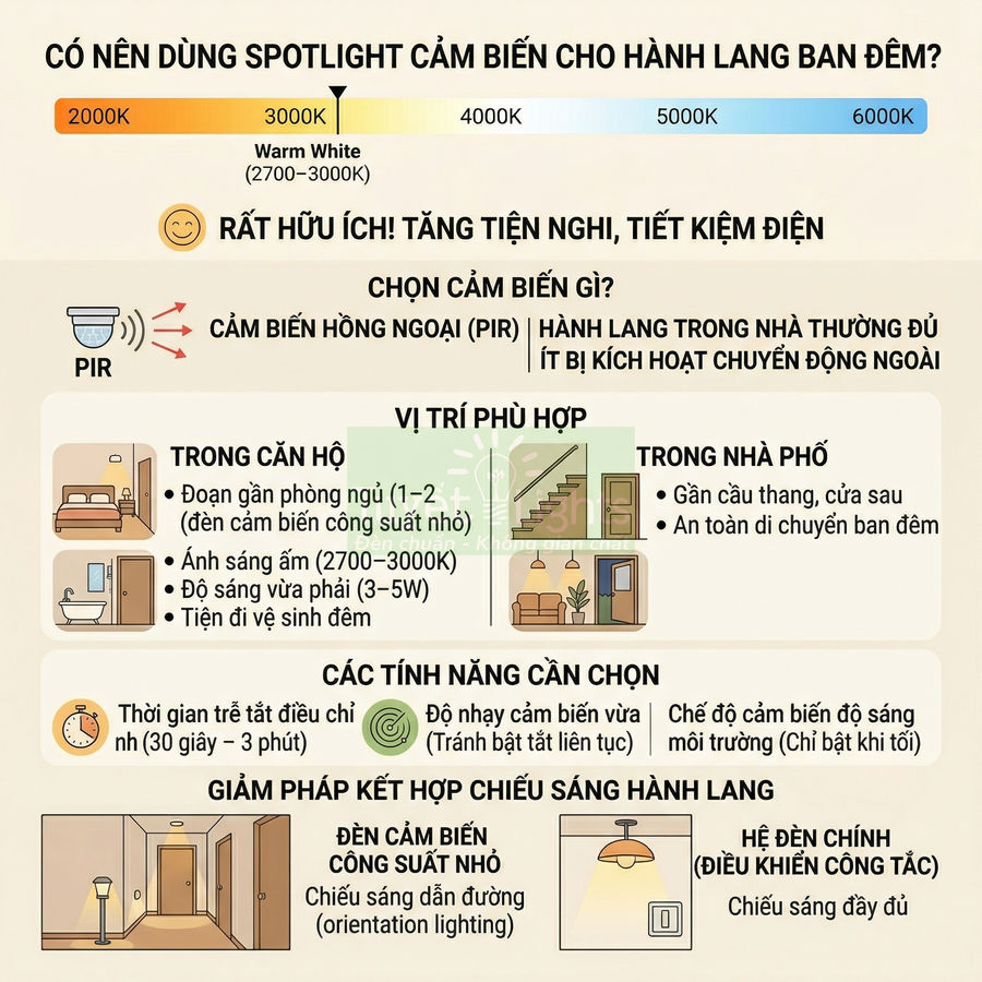 Infographic hướng dẫn chọn đèn spotlight cảm biến PIR chiếu sáng hành lang ban đêm, nêu vị trí lắp và tính năng cần có