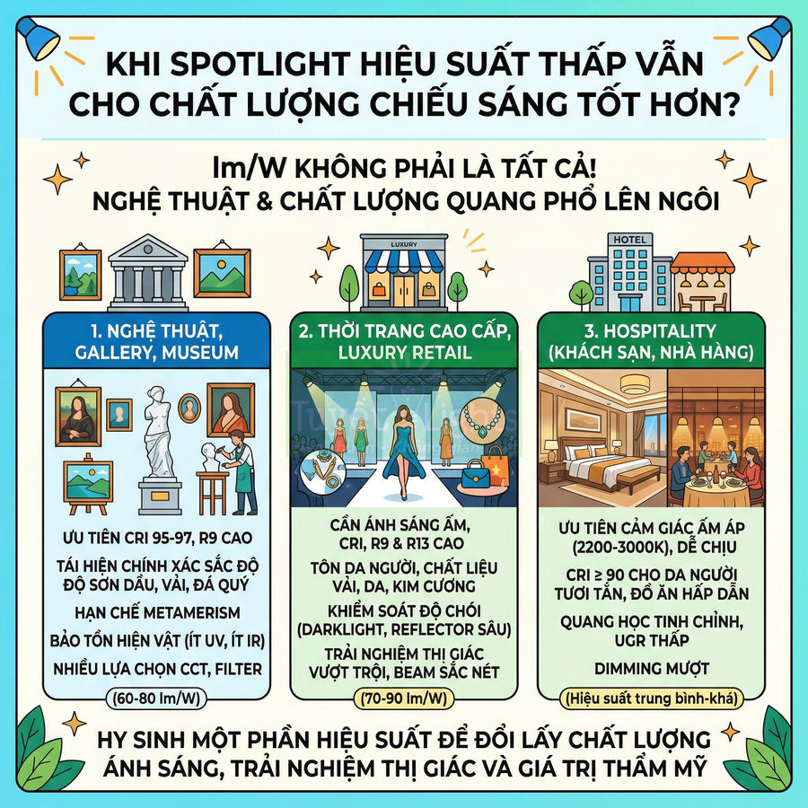 Infographic về spotlight hiệu suất thấp cho chiếu sáng nghệ thuật, thời trang cao cấp và khách sạn nhà hàng