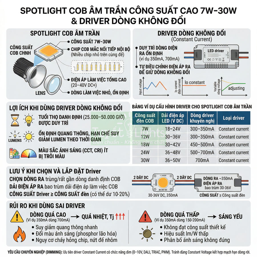 Đèn spotlight COB âm trần công suất cao 7W 30W kèm driver dòng không đổi và hướng dẫn lựa chọn driver