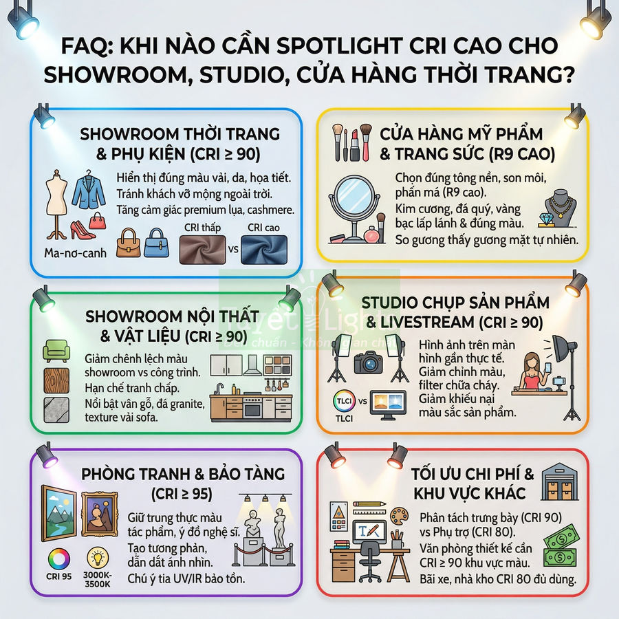 Infographic hướng dẫn chọn đèn spotlight CRI cao cho showroom, studio, cửa hàng thời trang và trưng bày sản phẩm