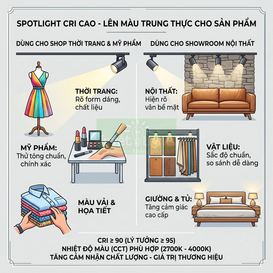 Đèn spotlight CRI cao chiếu sáng trung thực cho thời trang, mỹ phẩm, nội thất, giường tủ và vật liệu trưng bày
