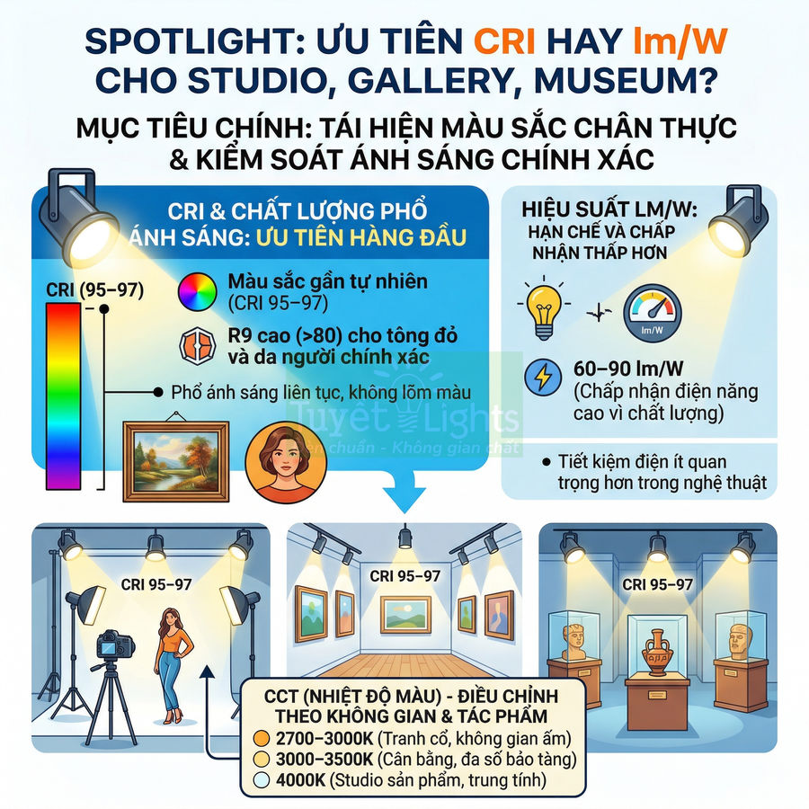 Infographic đèn spotlight CRI 95 97 cho studio gallery museum với ví dụ chiếu sáng tranh chân dung và hiện vật nghệ thuật
