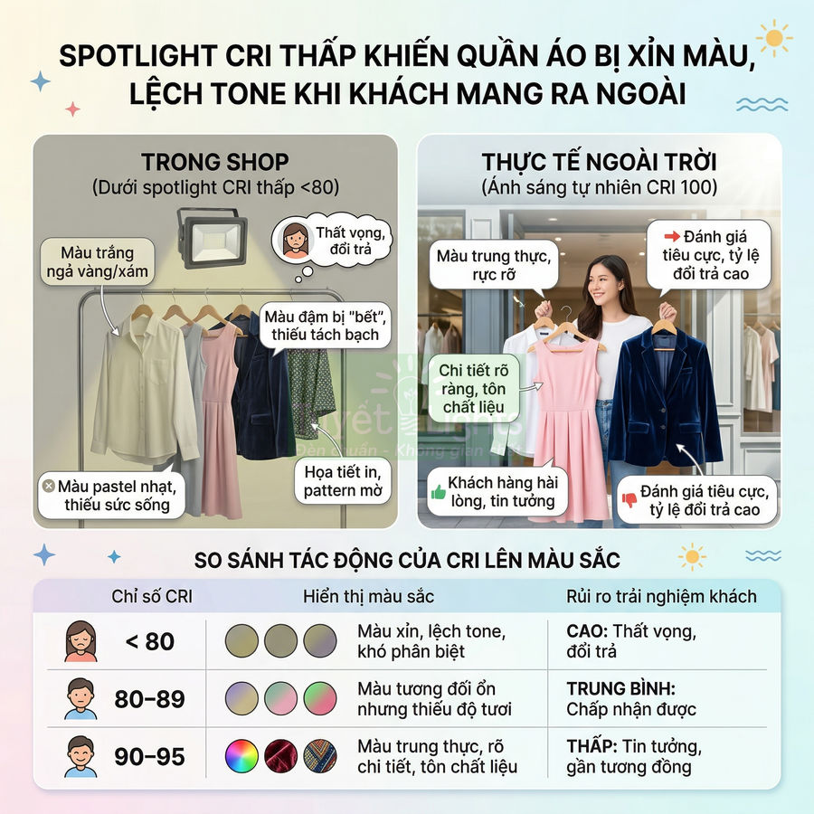 So sánh quần áo trong shop dùng spotlight CRI thấp và ngoài trời CRI cao, minh họa độ lệch màu và trải nghiệm khách hàng