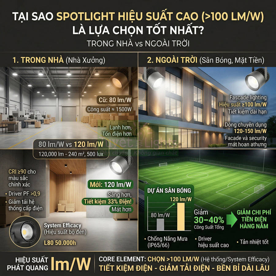 Đèn spotlight LED hiệu suất cao chiếu sáng nhà xưởng và sân bóng ngoài trời, tiết kiệm điện và bền lâu