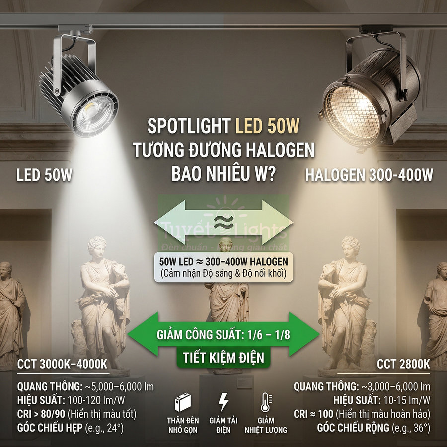 So sánh đèn spotlight LED 50W và đèn halogen 300 400W chiếu sáng tượng trong phòng trưng bày
