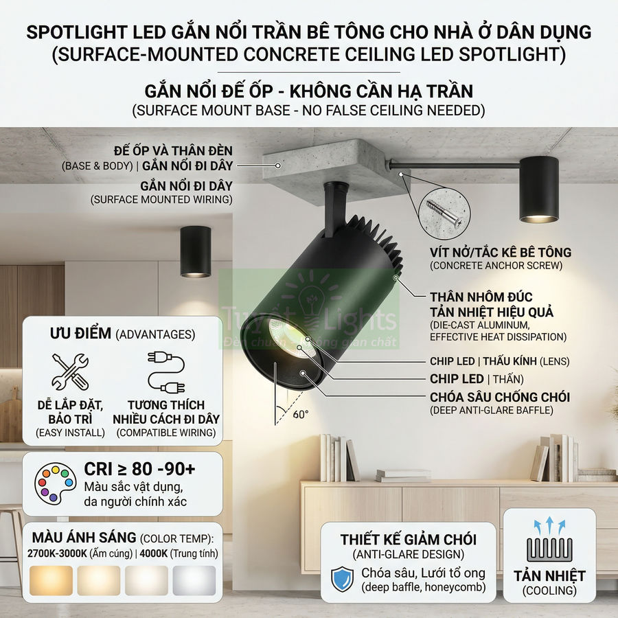 Đèn spotlight LED gắn nổi trần bê tông thân nhôm đúc chống chói cho phòng khách hiện đại
