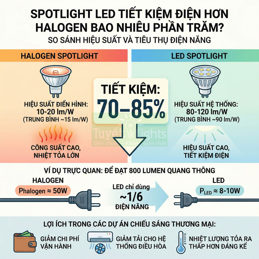 Infographic so sánh đèn spotlight LED và halogen, nhấn mạnh LED tiết kiệm 70–85 phần trăm điện năng