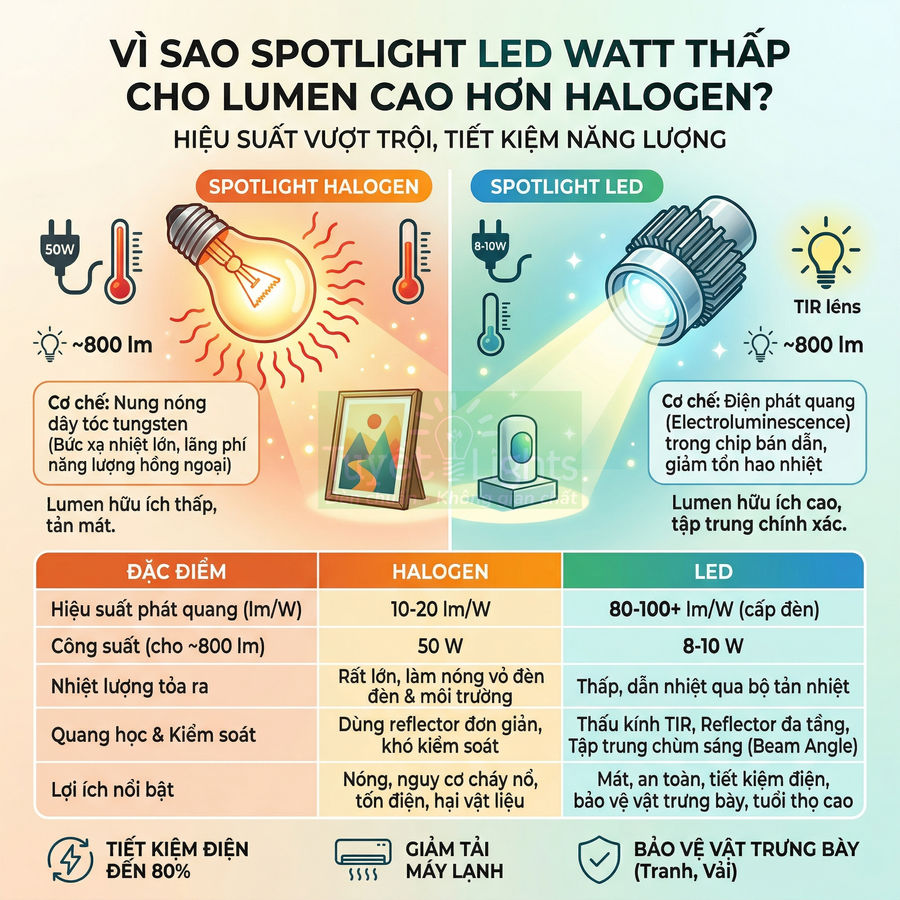 Infographic so sánh spotlight LED và đèn halogen về công suất, lumen, nhiệt lượng và hiệu suất tiết kiệm điện