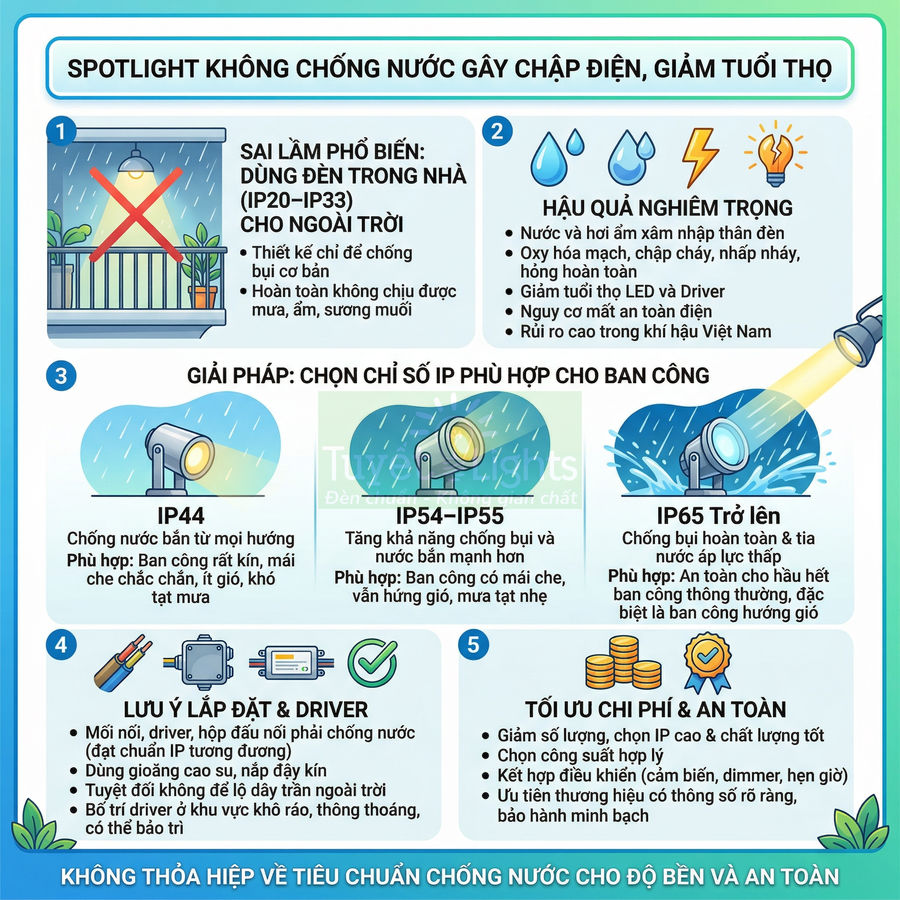 Infographic hướng dẫn chọn đèn spotlight ngoài trời chuẩn chống nước IP44 IP54 IP55 IP65 cho ban công an toàn