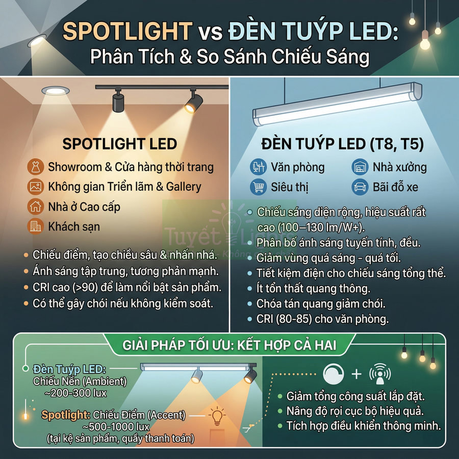 Infographic so sánh ưu nhược điểm đèn spotlight LED và đèn tuýp LED cho chiếu sáng nội thất