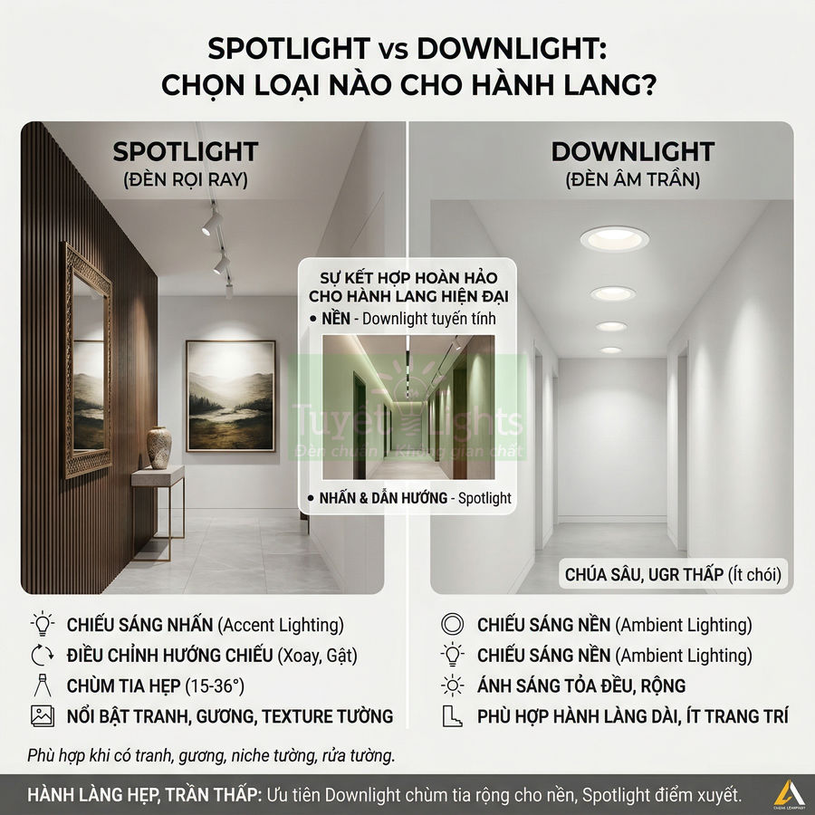 So sánh đèn spotlight ray và đèn downlight âm trần chiếu sáng hành lang hiện đại