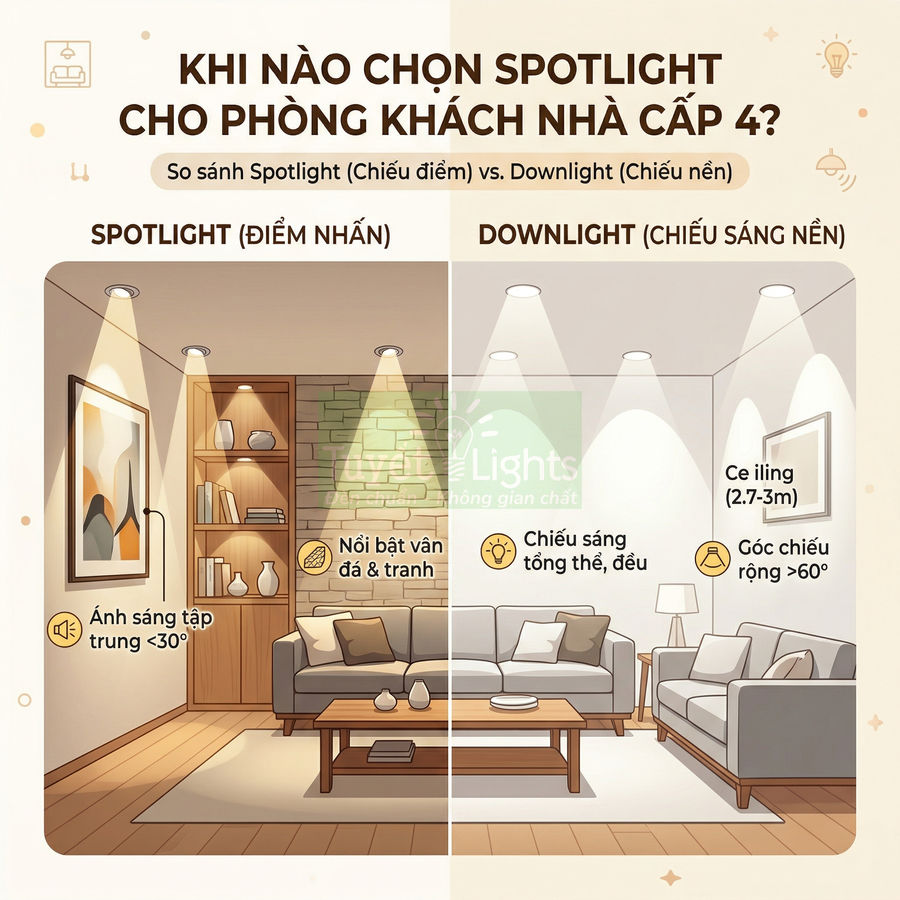 So sánh đèn spotlight chiếu điểm và đèn downlight chiếu sáng nền cho phòng khách nhà cấp 4