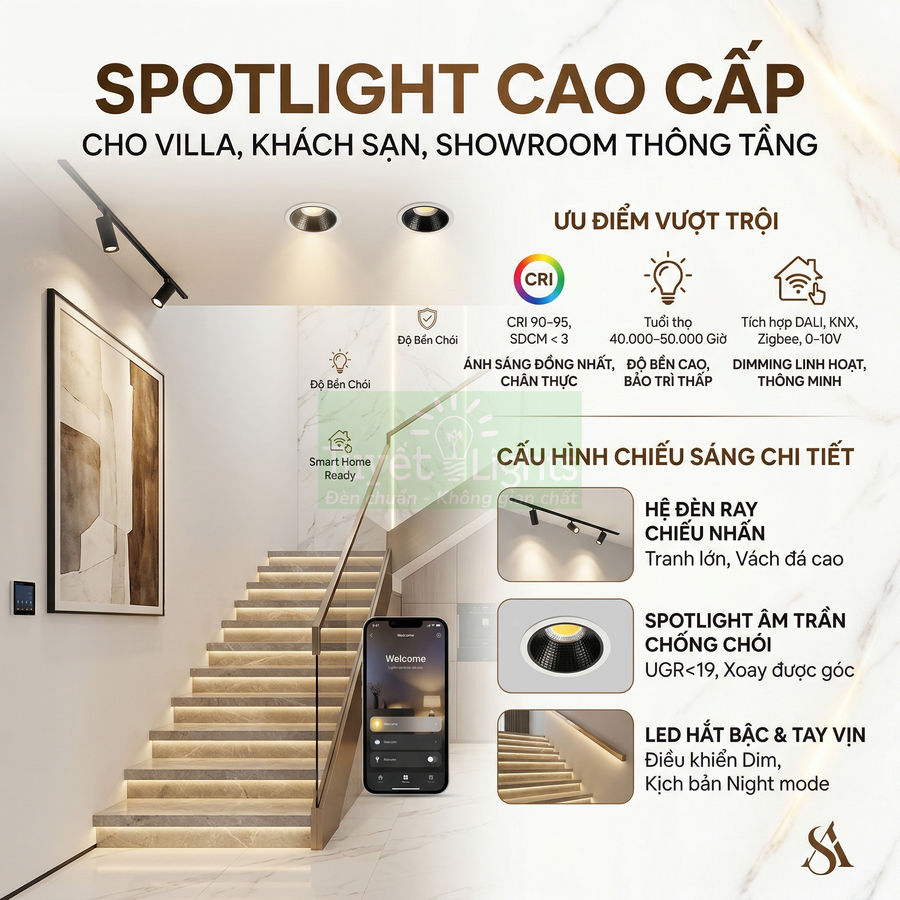 Đèn spotlight cao cấp chiếu sáng cầu thang và tường trang trí, điều khiển qua điện thoại cho villa, khách sạn, showroom