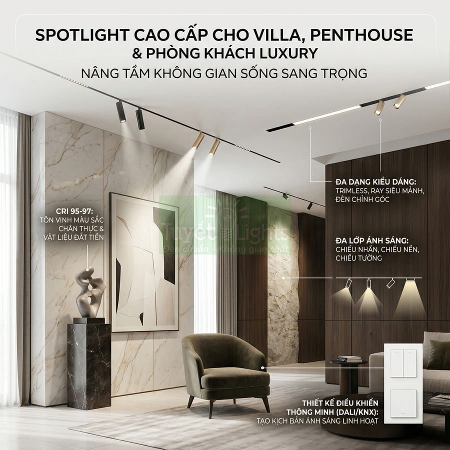 Đèn spotlight cao cấp Tuyết Lights lắp trần cho phòng khách sang trọng với nội thất hiện đại