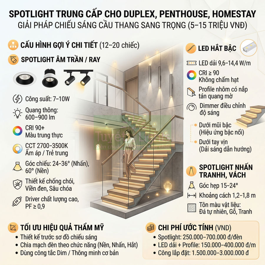 Giải pháp chiếu sáng cầu thang sang trọng với hệ thống spotlight âm trần và đèn LED hắt bậc hiện đại