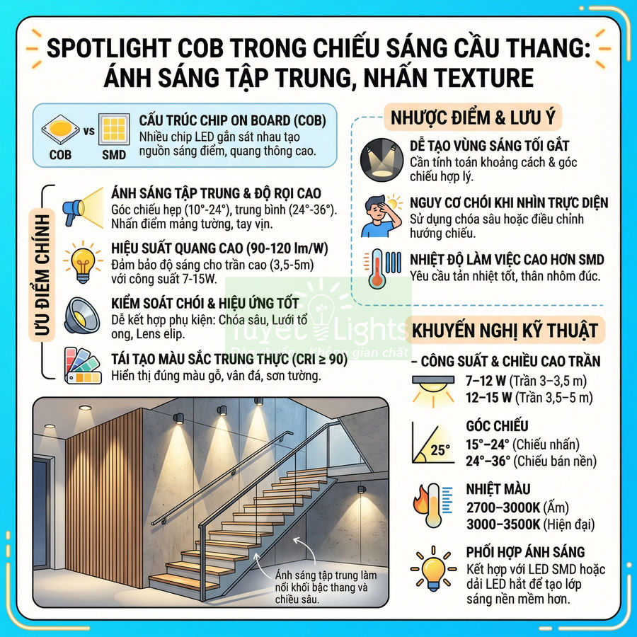 Infographic giới thiệu spotlight LED COB chiếu sáng cầu thang, nêu ưu điểm, nhược điểm và khuyến nghị kỹ thuật