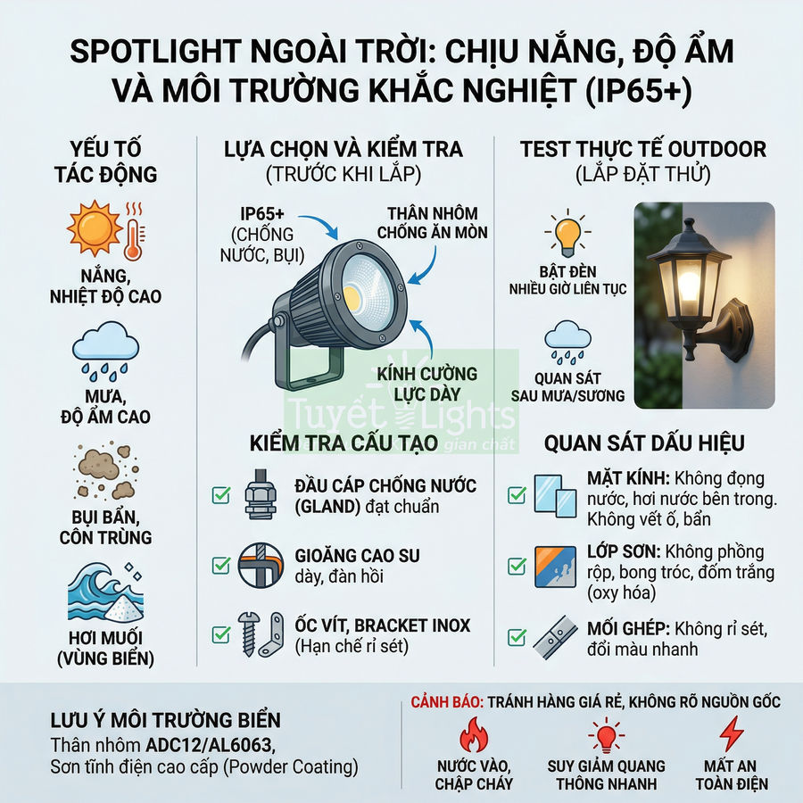 Infographic hướng dẫn chọn và kiểm tra đèn spotlight ngoài trời chống nước bụi chuẩn IP65 cho môi trường khắc nghiệt